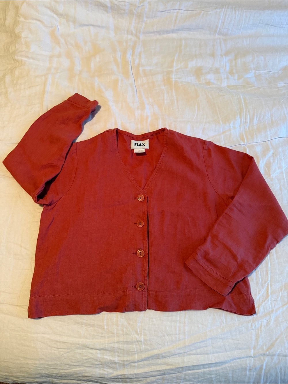 FLAX Coral-Red Linen Button Front Top